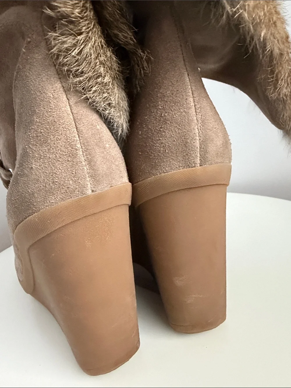 Coach Scout Sahara Suede Wedge Boots Fold Over Rabbit Fur Cuff Lace Up Moc-Toe